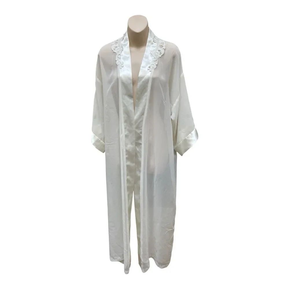 Vintage California Dynasty Elegant White Sheer Lace Satin Trim Robe Bridal Sz M
